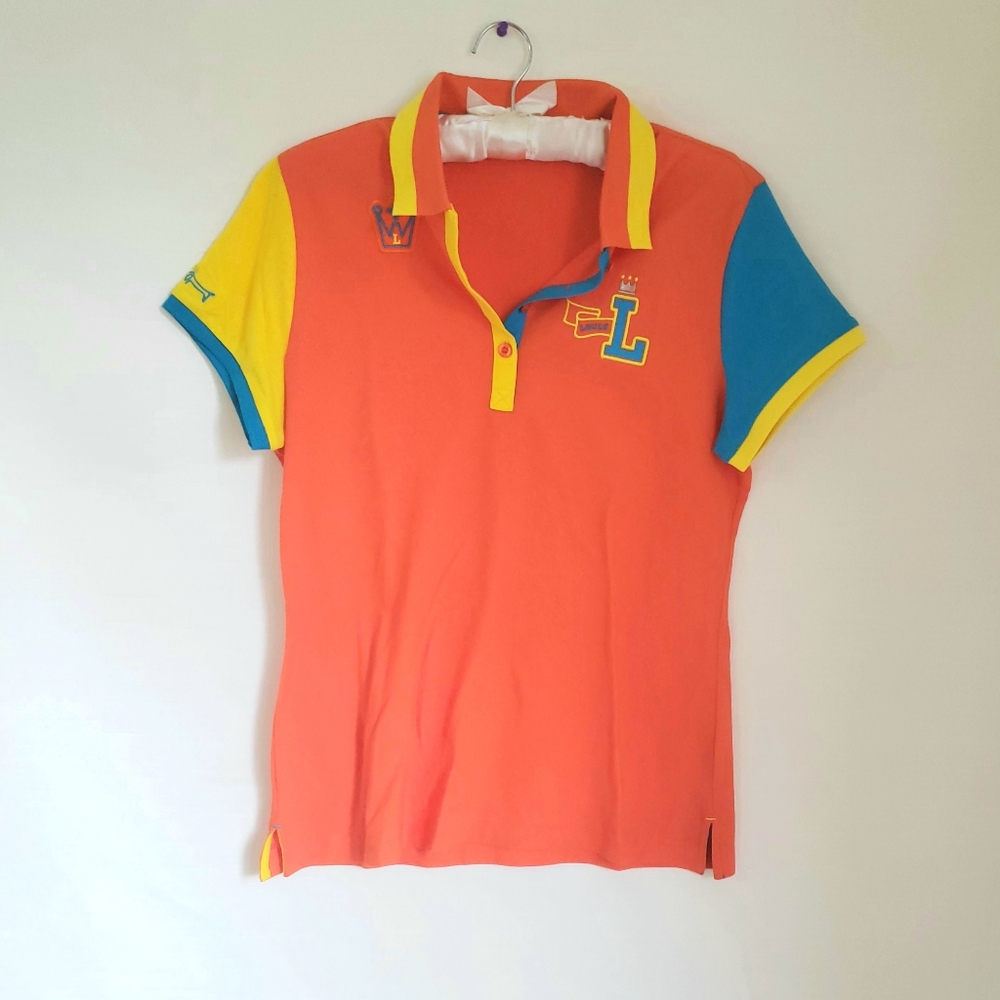 Orange Polo Top with Colorblock Blue Yellow Sleeves Women's SIZE M / 100